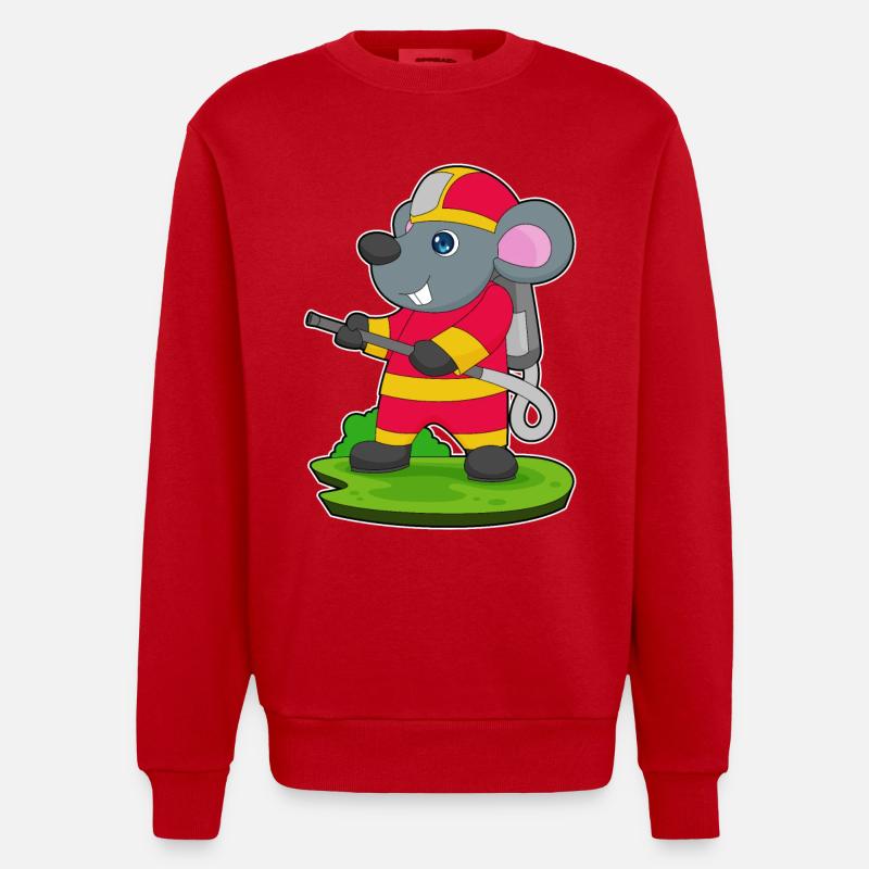 Mouse Firefighter Fire Hose - Heavyweight Oversized Organic Crew Neck Made in EU - red