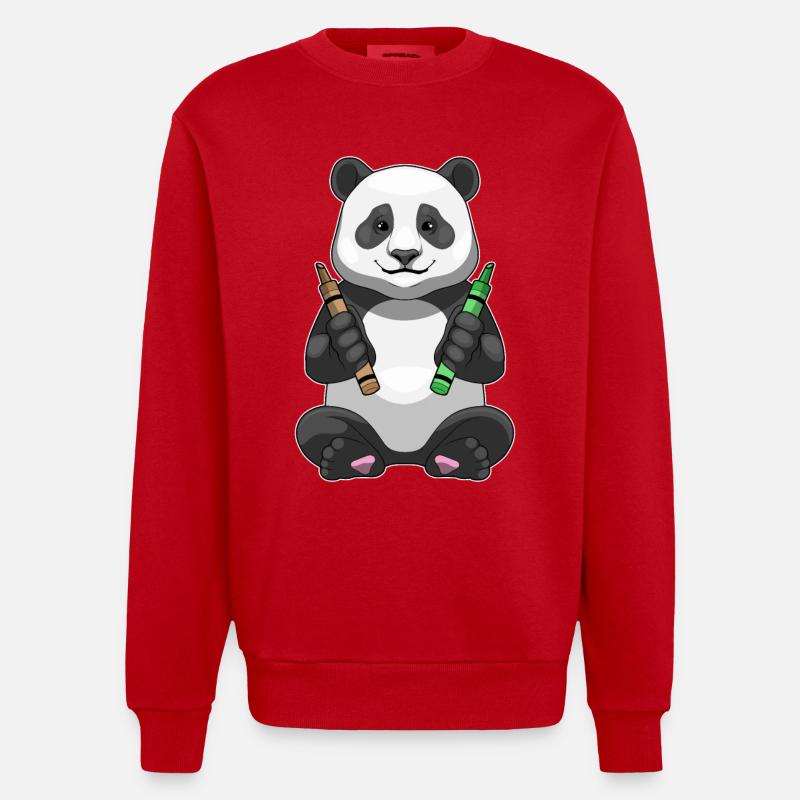 Panda Student Crayons School - Heavyweight Oversized Organic Crew Neck Made in EU - red