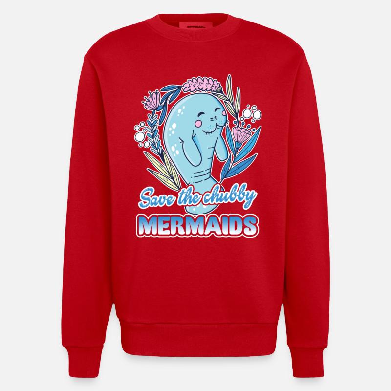 Manatee Save Chubby Mermaids - Heavyweight Oversized Organic Crew Neck Made in EU - red