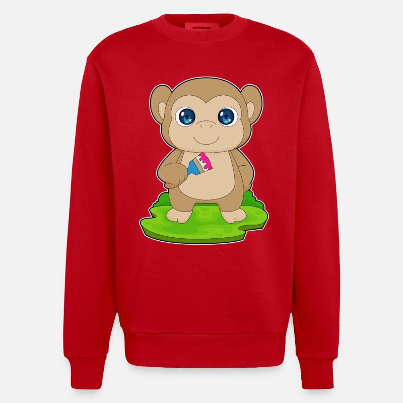 Monkey Painter Brush Painting - Heavyweight Oversized Organic Crew Neck Made in EU - red