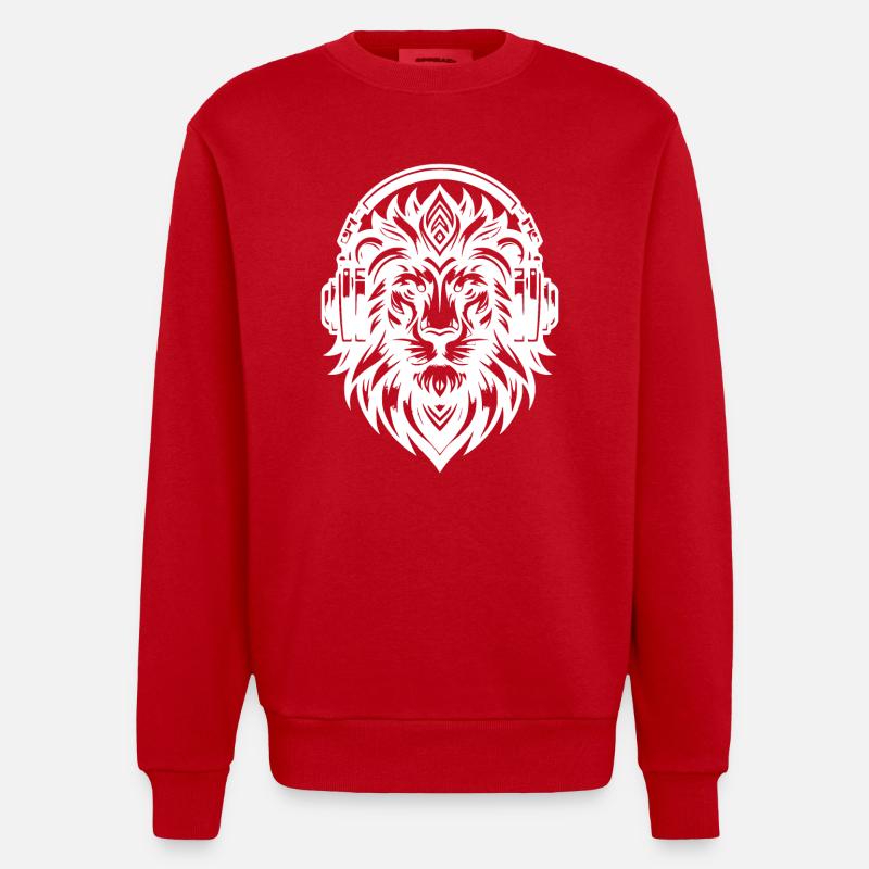 Grimmiger Löwe mit Kopfhörer - Heavyweight Oversized Organic Crew Neck Made in EU - Rot