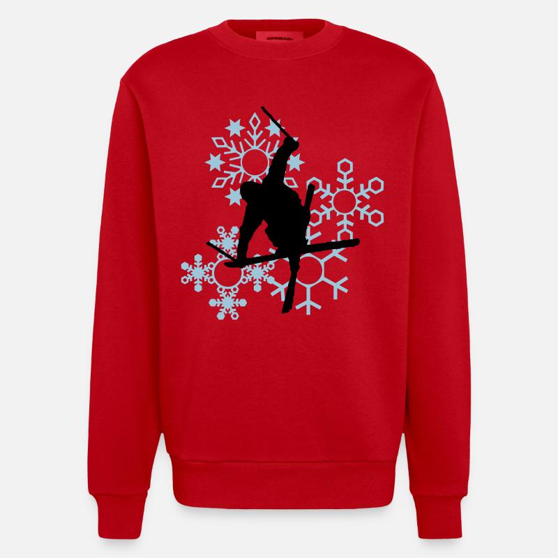 Skis avec flocons de neige - Sweat bio épais oversize fabriqué en UE - rouge