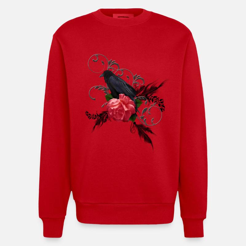 Wunderbare Krähe mit Rose - Heavyweight Oversized Organic Crew Neck Made in EU - Rot