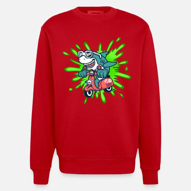 Shark Funny Moped Moped Roller Comic - Heavyweight Oversized Organic Crew Neck Made in EU - red