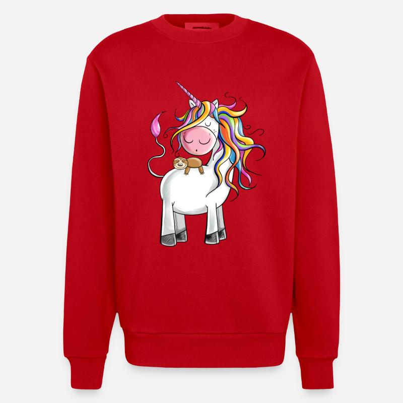 Chillendes Regenbogen Einhorn mit Faultier - Heavyweight Oversized Organic Crew Neck Made in EU - Rot