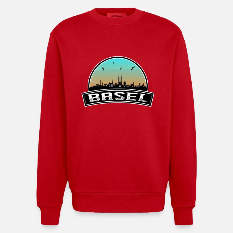 Basel Schweiz Skyline Schweizer Souvenir - Heavyweight Oversized Organic Crew Neck Made in EU - Rot