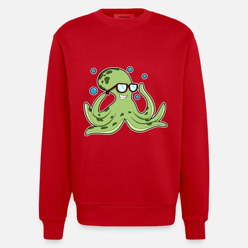 Pieuvre avec lunettes - Sweat bio épais oversize fabriqué en UE - rouge
