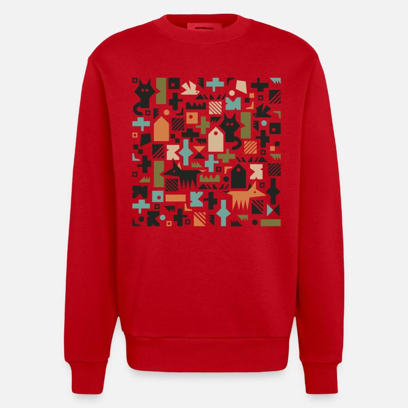 Cat fox bird pattern l multicolour - Heavyweight Oversized Organic Crew Neck Made in EU - red