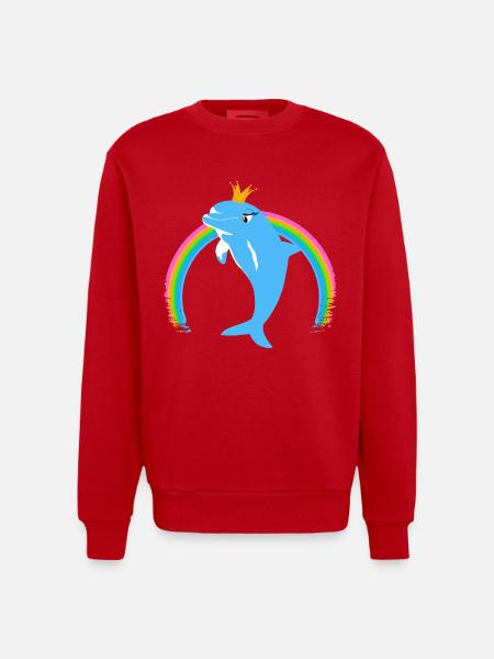 Rainbow Dolphin Golden Crown Blue - Heavyweight Oversized Organic Crew Neck Made in EU - red