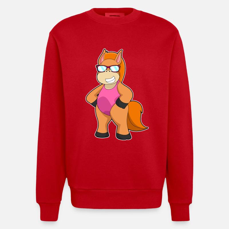 Cheval avec lunettes de soleil - Sweat bio épais oversize fabriqué en UE - rouge