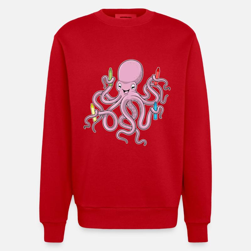 Krake mit Wachsmalstifte - Heavyweight Oversized Organic Crew Neck Made in EU - Rot