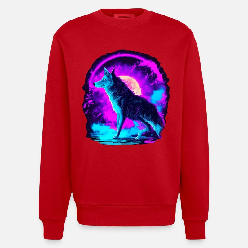 Wolf Neon Illustration Synthwave Art - Sweat bio épais oversize fabriqué en UE - rouge