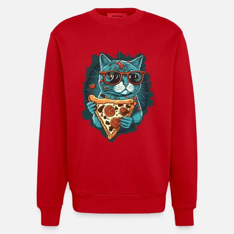 Chat avec des tranches de pizza - Sweat bio épais oversize fabriqué en UE - rouge