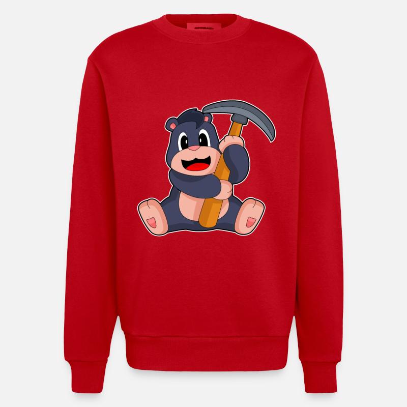 Mole Miner Pickaxe Mining - Heavyweight Oversized Organic Crew Neck Made in EU - red