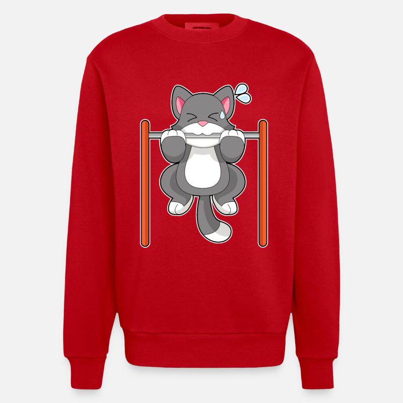 Cat Bodybuilder Pull-ups Bodybuilding - Heavyweight Oversized Organic Crew Neck Made in EU - red