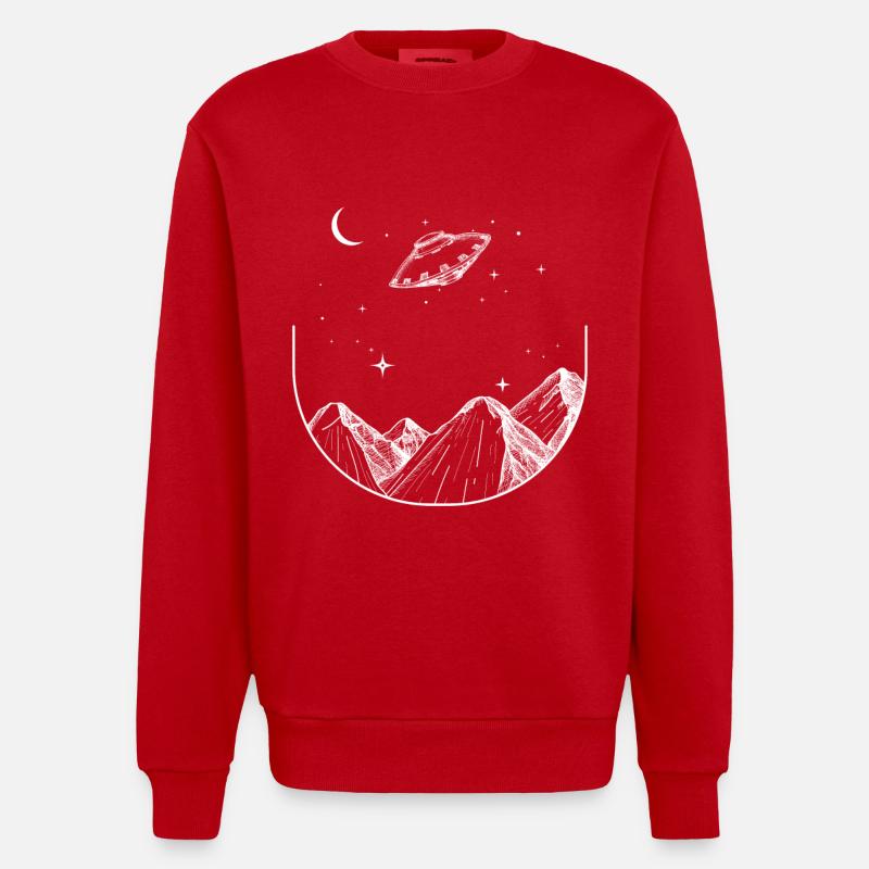 Berge Nachthimmel UFO - Heavyweight Oversized Organic Crew Neck Made in EU - Rot