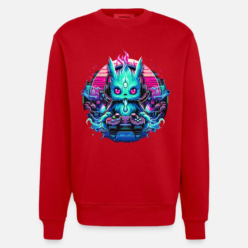 Synthwave Zocker Gaming Alien - Heavyweight Oversized Organic Crew Neck Made in EU - Rot