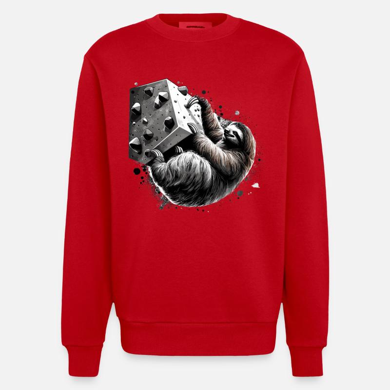 Bouldering Sloth Gift - Heavyweight Oversized Organic Crew Neck Made in EU - red