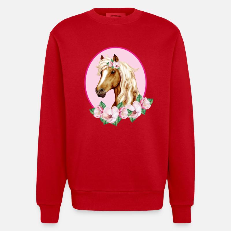 Romantisches braunes Pferd - Blüten rosa - Heavyweight Oversized Organic Crew Neck Made in EU - Rot