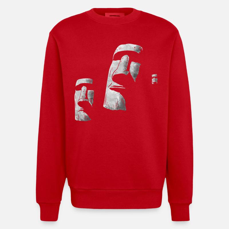 Moai Heads Easter Island Polynesia - Heavyweight Oversized Organic Crew Neck Made in EU - red