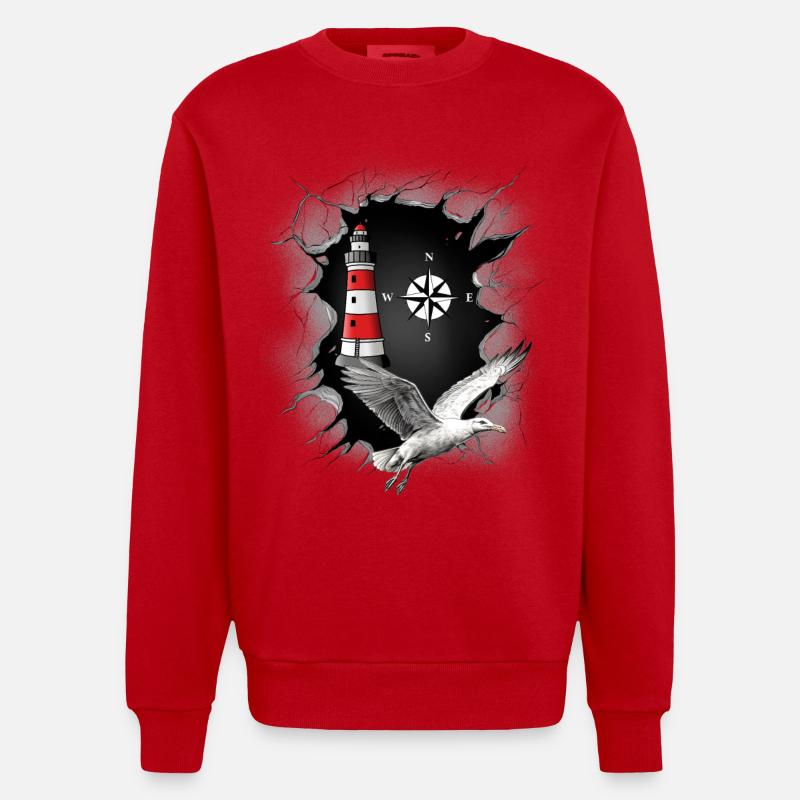 Möwe Leuchtturm Kompass maritim Ahoi - Heavyweight Oversized Organic Crew Neck Made in EU - Rot