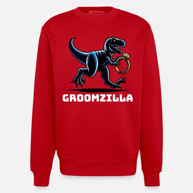 Groomzilla Dinosaur Ring Funny Wedding - Heavyweight Oversized Organic Crew Neck Made in EU - red