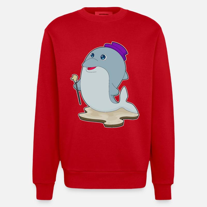 Dolphin Pensioner Walking Stick - Heavyweight Oversized Organic Crew Neck Made in EU - red