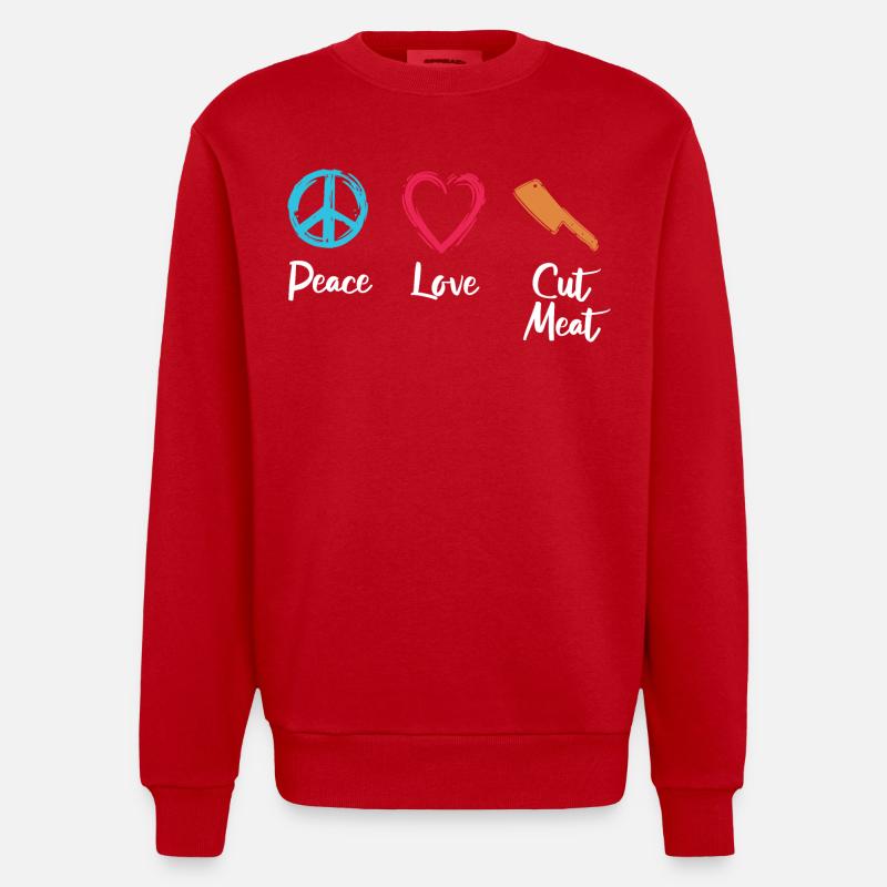 Frieden Liebe Fleisch schneiden - Heavyweight Oversized Organic Crew Neck Made in EU - Rot