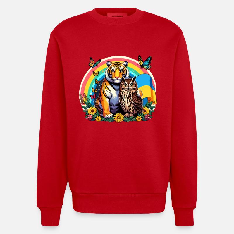 Tiger Eule Regenbogen - Heavyweight Oversized Organic Crew Neck Made in EU - Rot