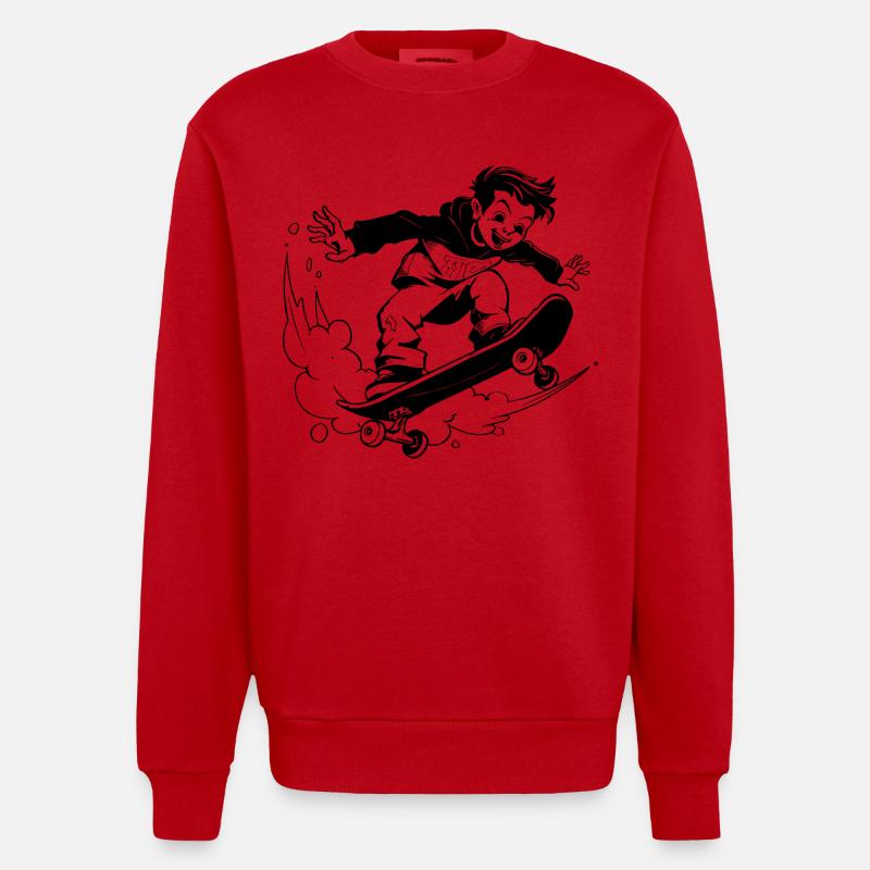 Garçon de skateboard de dessin animé - Sweat bio épais oversize fabriqué en UE - rouge