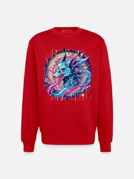 Psychedelic Fox Head Goa Art - Heavyweight Oversized Organic Crew Neck Made in EU - red