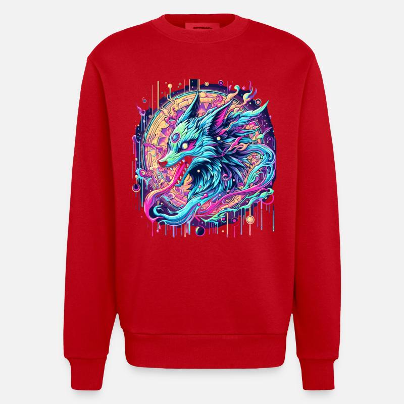 Psychedelische Fuchs Kopf Goa Kunst - Heavyweight Oversized Organic Crew Neck Made in EU - Rot