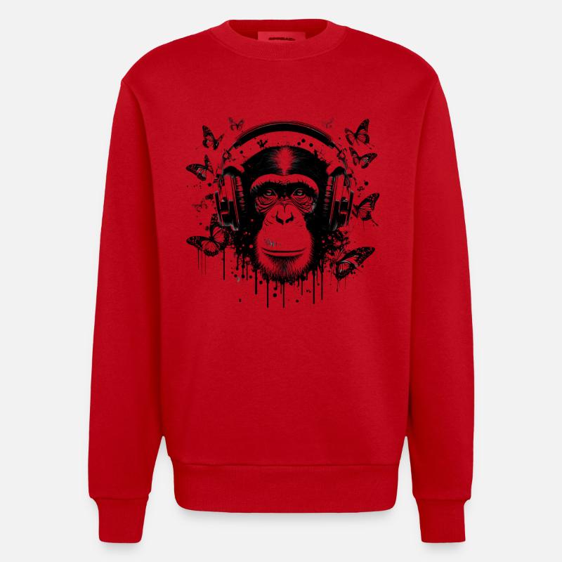 GROOVIN' MONKEY MIT KOPFHÖRERN - Heavyweight Oversized Organic Crew Neck Made in EU - Rot