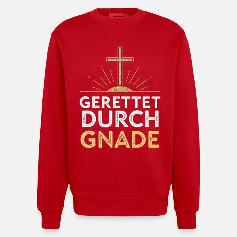 Gerettet durch Gnade Kreuzdesign - Heavyweight Oversized Organic Crew Neck Made in EU - Rot