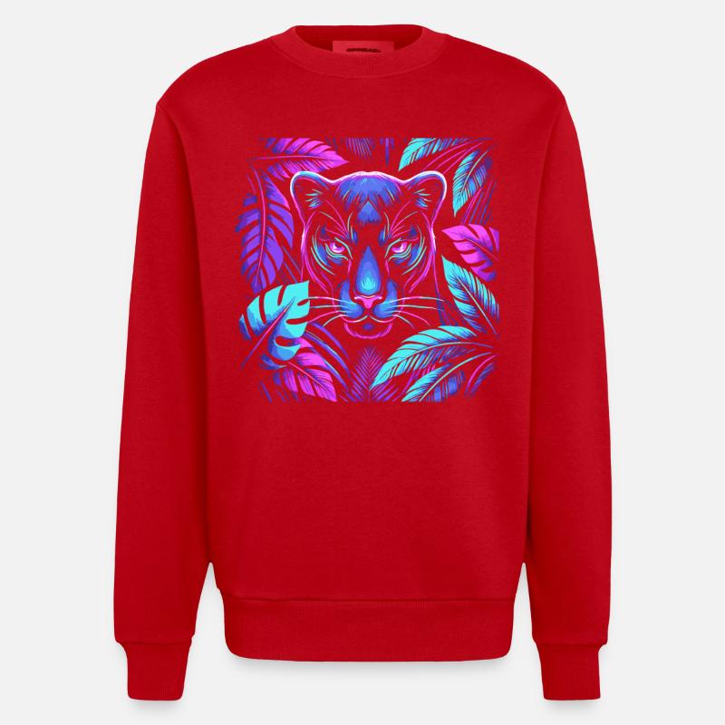 Lebendiger Panther mit tropischen Blättern Design - Heavyweight Oversized Organic Crew Neck Made in EU - Rot