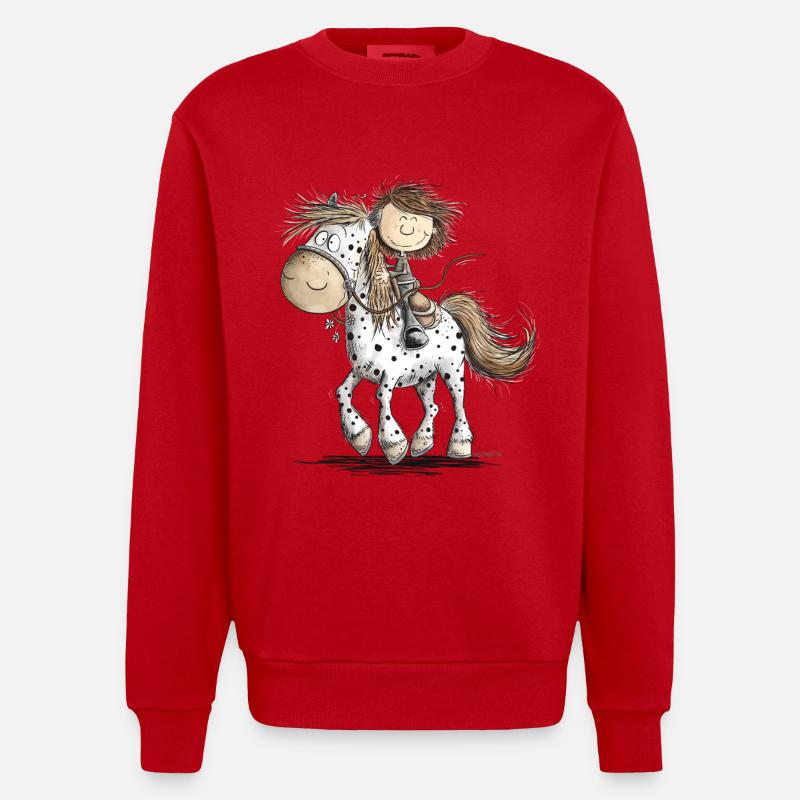 Drolliges Pferd mit Reiter Cartoon Pferdchen - Heavyweight Oversized Organic Crew Neck Made in EU - Rot