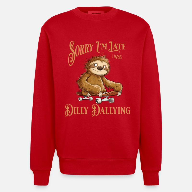 Faultier Mit Skateboard Dilly Dallying - Heavyweight Oversized Organic Crew Neck Made in EU - Rot