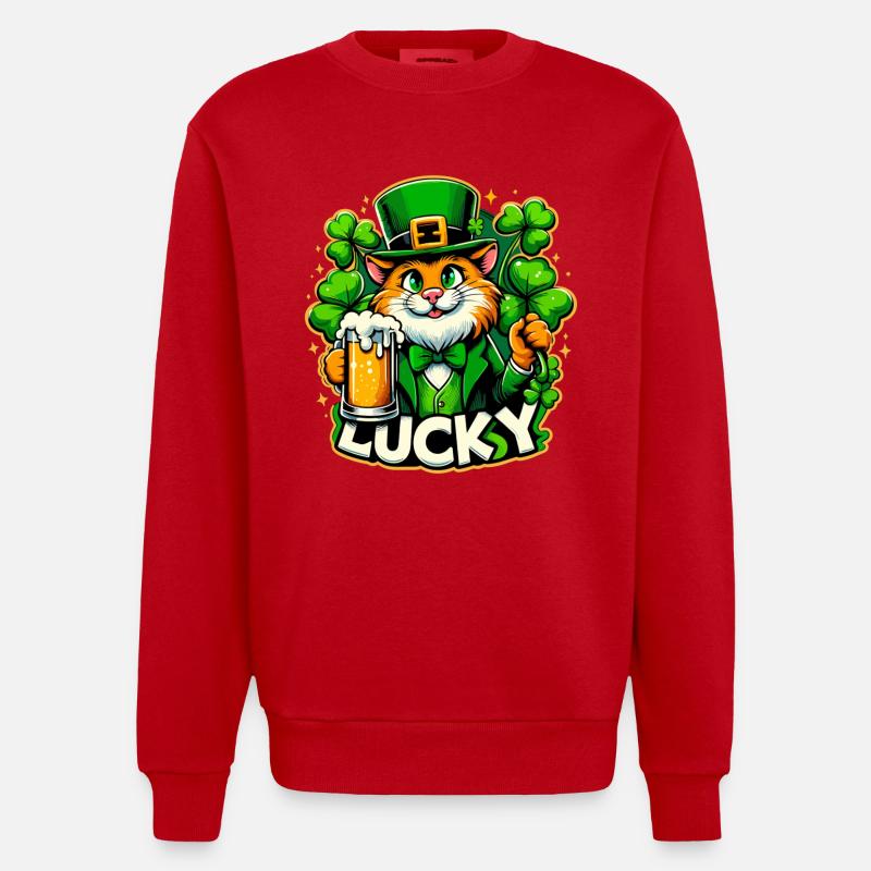 Saint-Patrick Leprechaun Cat Happy - Sweat bio épais oversize fabriqué en UE - rouge
