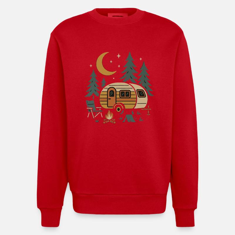 Conception de scène de camping nocturne - Sweat bio épais oversize fabriqué en UE - rouge