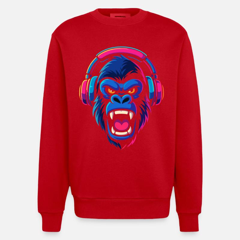 Neon Gorilla mit Kopfhörern - Heavyweight Oversized Organic Crew Neck Made in EU - Rot