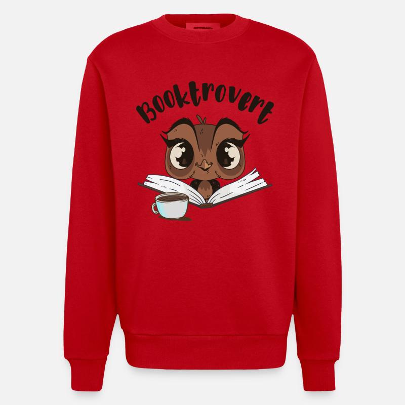 Booktrovert Eule mit Buch und Kaffee - Heavyweight Oversized Organic Crew Neck Made in EU - Rot