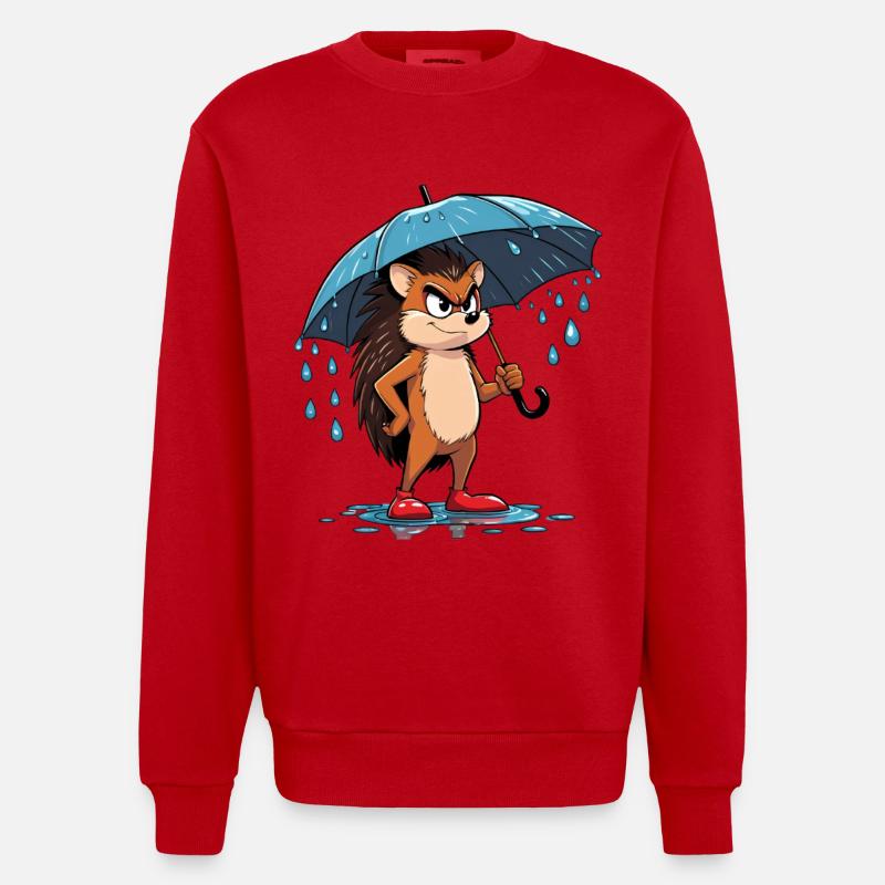 Hérisson de dessin animé avec parapluie - Sweat bio épais oversize fabriqué en UE - rouge