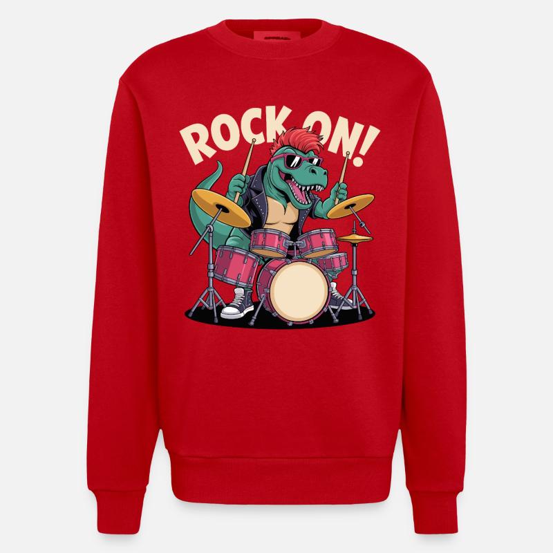 Punk Rock T-Rex Dinosaur Drummer - Percussion - Heavyweight Oversized Organic Crew Neck Made in EU - red