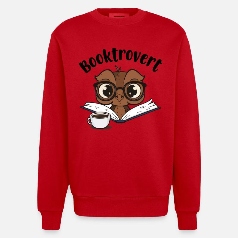 Booktrovert Eule mit Buch und Kaffee - Heavyweight Oversized Organic Crew Neck Made in EU - Rot