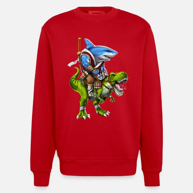 Shark Samurai Riding T-Rex Dinosaur - Heavyweight Oversized Organic Crew Neck Made in EU - red