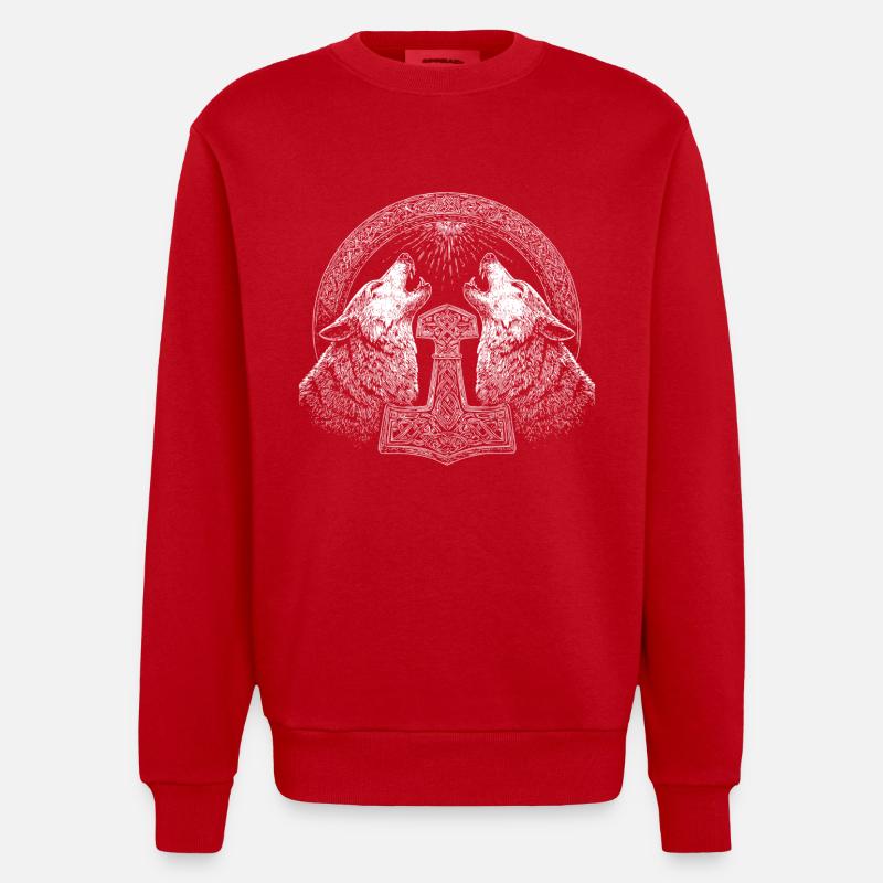 Wolf Thor Hammer Wikinger - Heavyweight Oversized Organic Crew Neck Made in EU - Rot