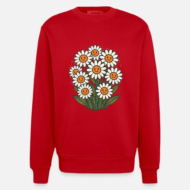 Fröhliche Blumen mit Smileys - Heavyweight Oversized Organic Crew Neck Made in EU - Rot