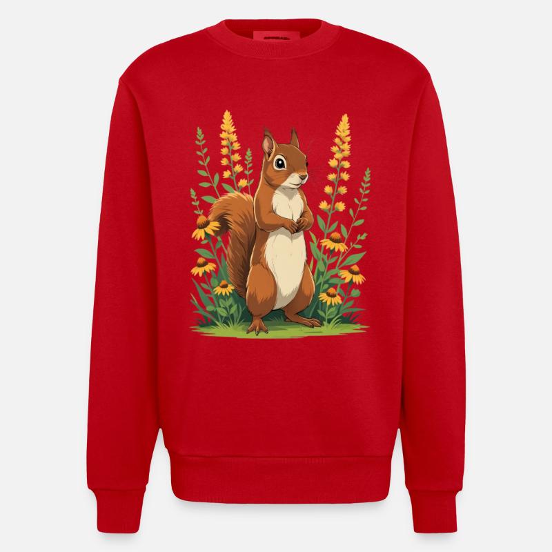 Charmant écureuil avec couronne de fleurs - Sweat bio épais oversize fabriqué en UE - rouge