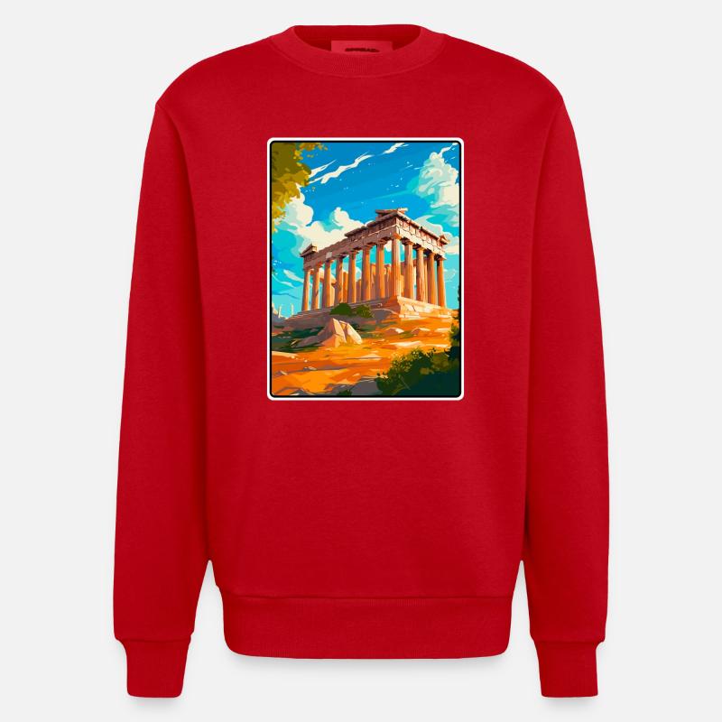 Antiker griechischer Tempel Illustration - Heavyweight Oversized Organic Crew Neck Made in EU - Rot