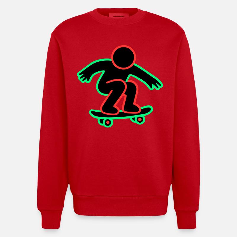 Dessin au trait de skateboarder néon - Sweat bio épais oversize fabriqué en UE - rouge
